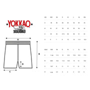 Yokkao size chart for shorts with measurements in centimeters and inches.