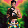 Boxer wearing Yokkao gloves and shorts against a colorful, blurred background
