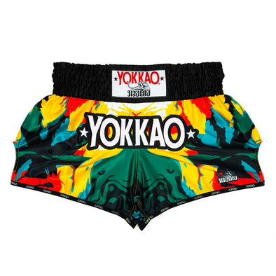 Colorful boxing shorts with 'Yokkao' branding on a white background