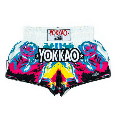 Colorful boxing shorts with 'Yokkao' branding on a white background