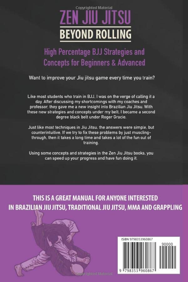 Back cover of a book titled 'Zen Jiu Jitsu Beyond Rolling' with text and a silhouette of a person in a martial arts pose.