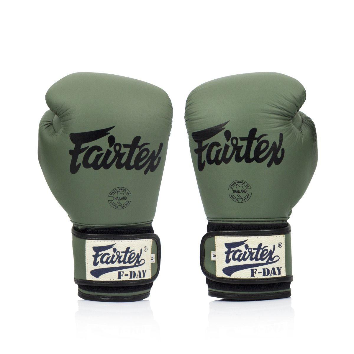 Fairtex F-Day Limited Edition Boxing Gloves BGV11 with military green camo, tight-fit design, ideal for Muay Thai, kickboxing, and boxing training