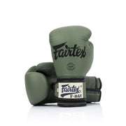 Fairtex F-Day Limited Edition Boxing Gloves BGV11 with military green camo, tight-fit design, ideal for Muay Thai, kickboxing, and boxing training
