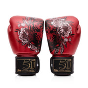 Fairtex Golden Jubilee Limited Edition Boxing Gloves with gold finish and nylon bag, premium microfiber gloves for Muay Thai, kickboxing, and boxing