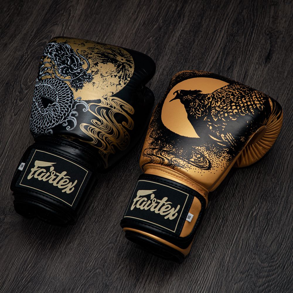 Fairtex Harmony Six Boxing Gloves BGV26, Feng Shui-inspired genuine leather gloves with phoenix and dragon motifs, ideal for Muay Thai, boxing, and kickboxing training