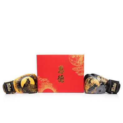 Fairtex Harmony Six Boxing Gloves BGV26, Feng Shui-inspired genuine leather gloves with phoenix and dragon motifs, ideal for Muay Thai, boxing, and kickboxing training