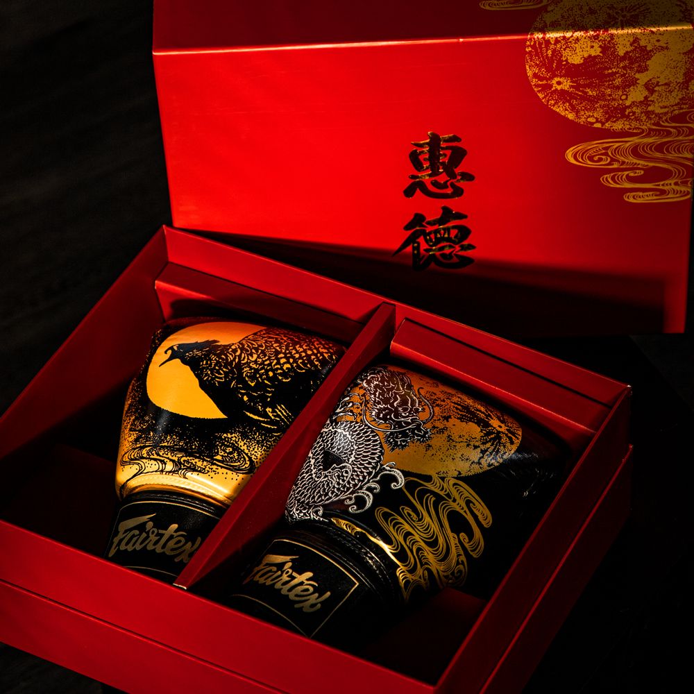 Fairtex Harmony Six Boxing Gloves BGV26, Feng Shui-inspired genuine leather gloves with phoenix and dragon motifs, ideal for Muay Thai, boxing, and kickboxing training