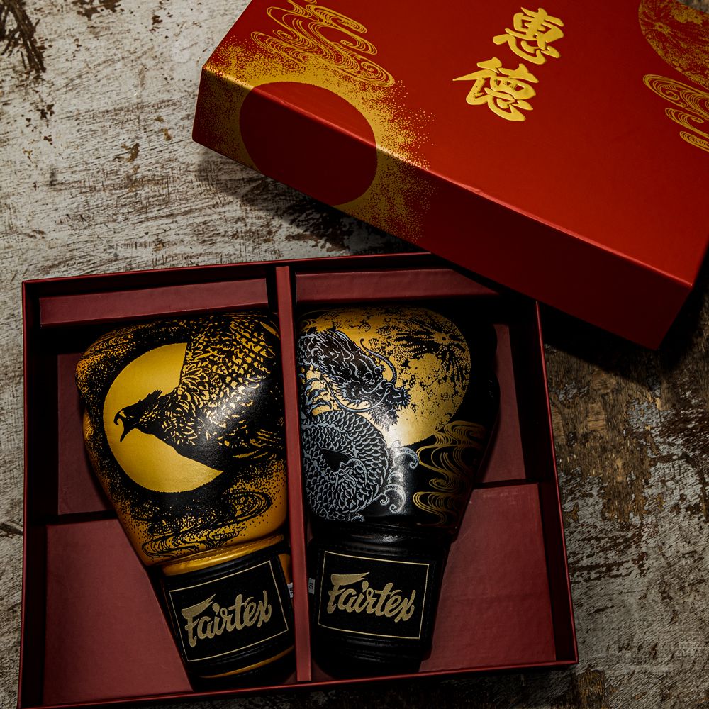 Fairtex Harmony Six Boxing Gloves BGV26, Feng Shui-inspired genuine leather gloves with phoenix and dragon motifs, ideal for Muay Thai, boxing, and kickboxing training