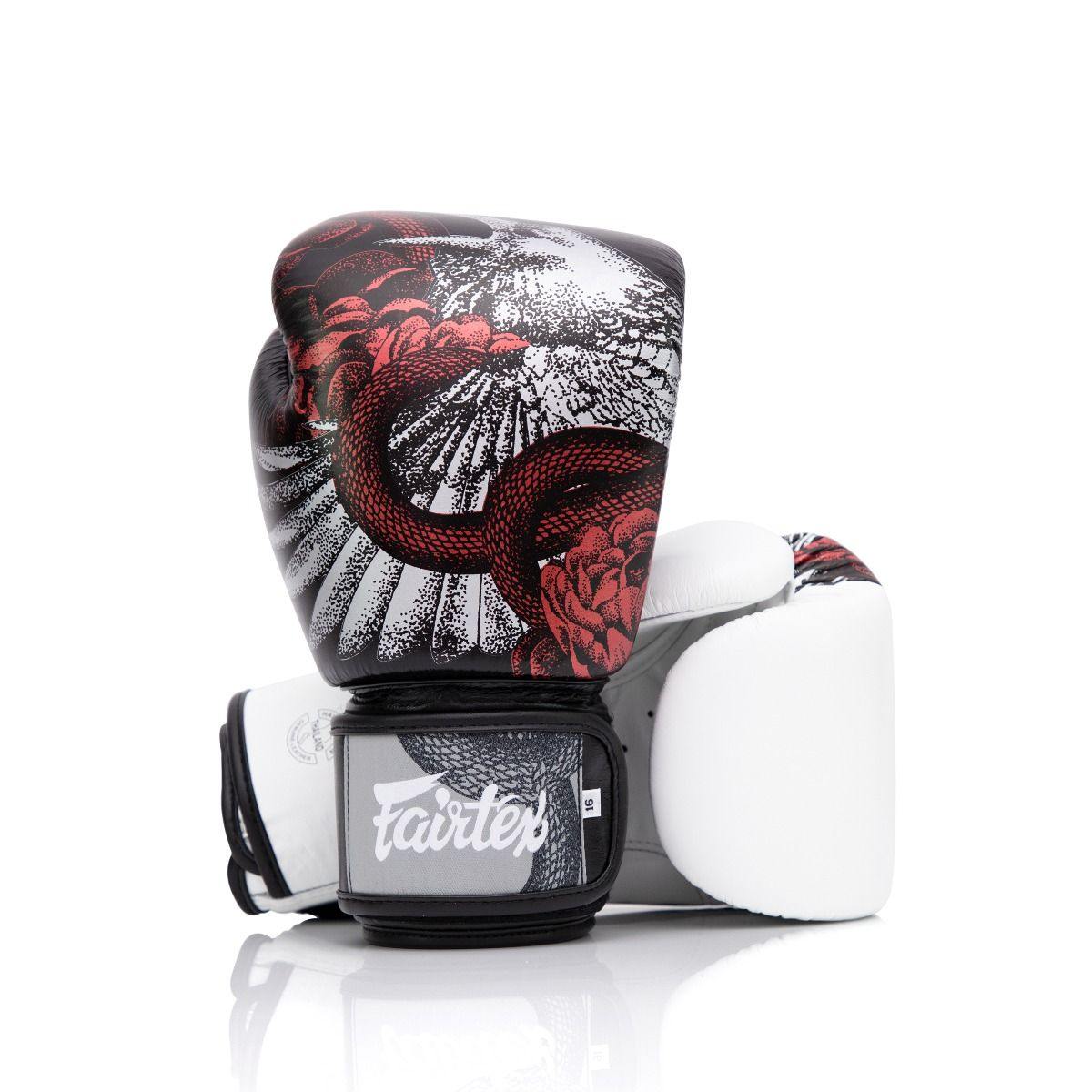 Fairtex The Beauty of Survival Boxing Gloves BGV24, limited edition Muay Thai gloves with artwork by P7, microfiber leather, includes nylon bag or wooden box