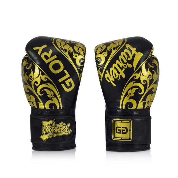 Fairtex x GLORY Limited Edition Boxing Gloves BGVG2, premium microfiber leather gloves with bold co-branded design for Muay Thai, kickboxing, and boxing training
