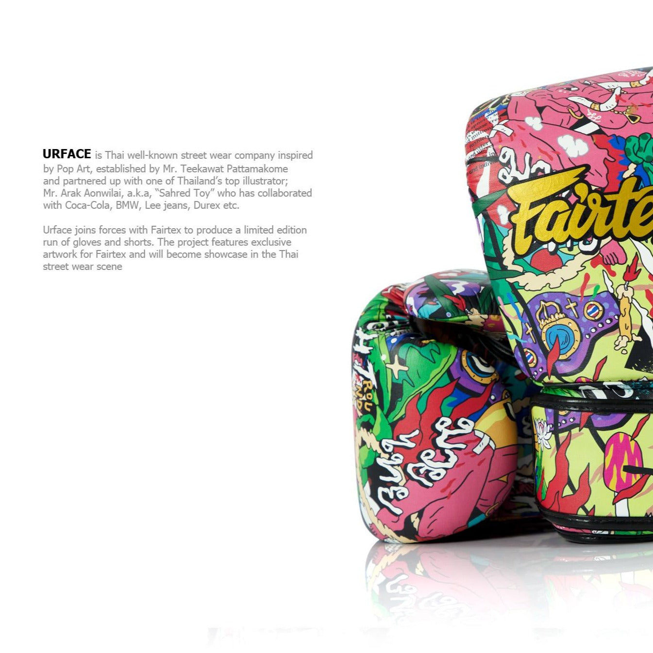 Fairtex x URFACE Boxing Gloves, limited edition pop-art design Muay Thai gloves, premium microfiber leather for boxing and kickboxing