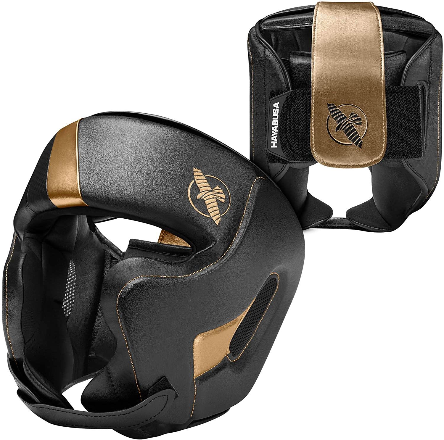 Hayabusa T3 Headgear for Boxing, Muay Thai & MMA – Full Coverage Sparring Helmet with Premium Leather, Cheek Protection & Adjustable Fit – gold - black