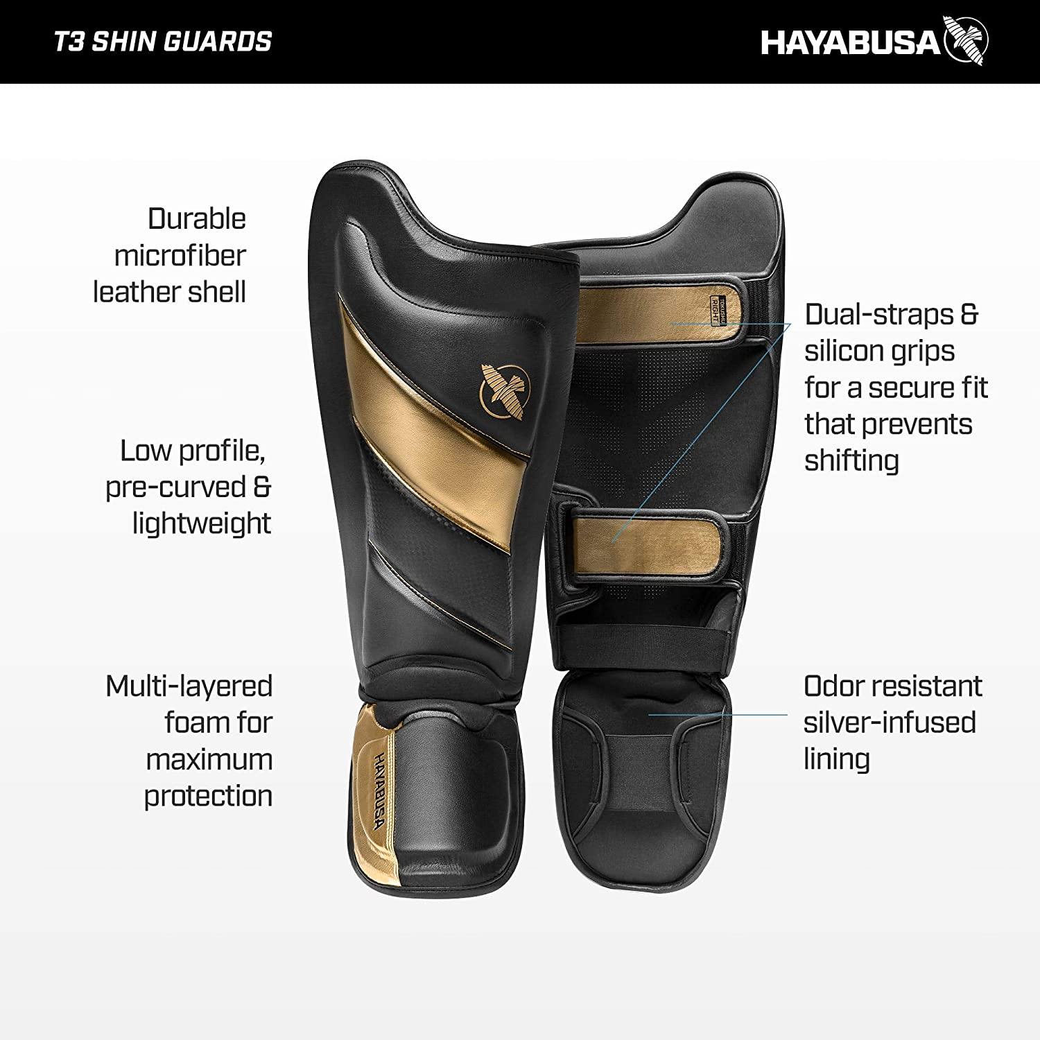 Hayabusa T3 Striking Shin Guards for Muay Thai and MMA training with durable Vylar leather and non-slip silicone lining
