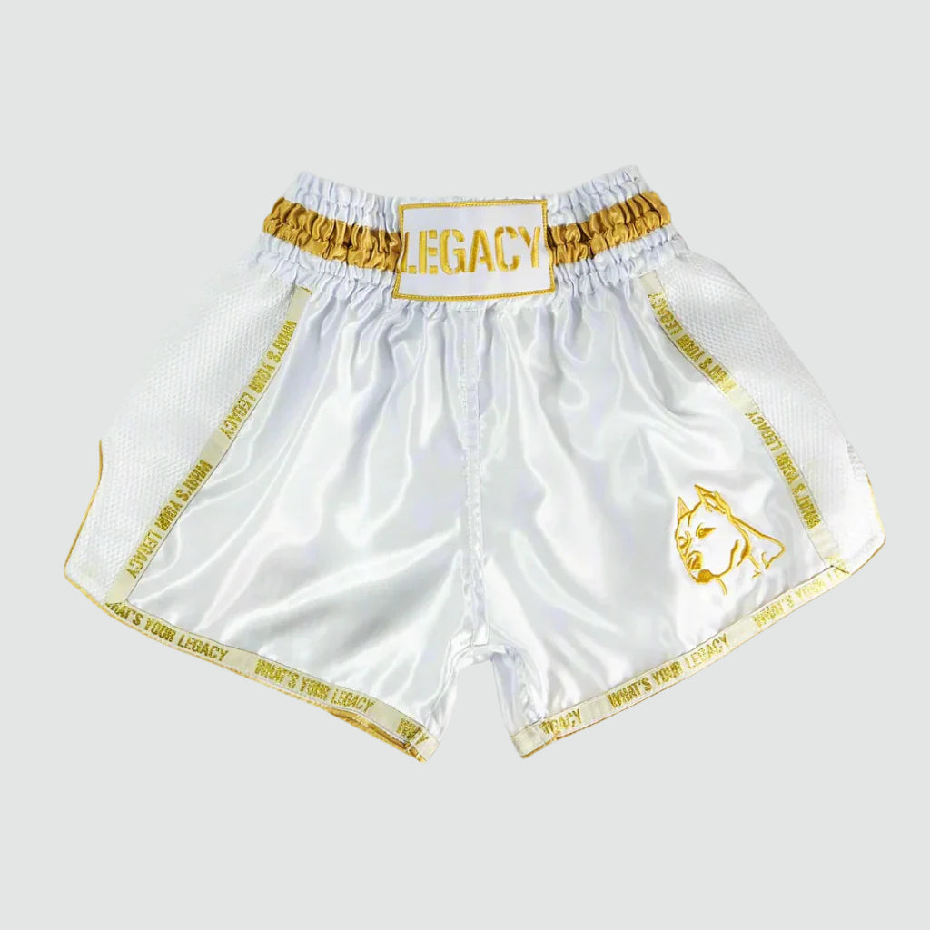 Legacy High Baller Muay Thai shorts with flashy embroidery and classic Thai boxing silhouette