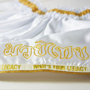 Legacy High Baller Muay Thai shorts with flashy embroidery and classic Thai boxing silhouette