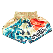 Japanese Sunset and Wave Muay Thai Shorts with embroidered design