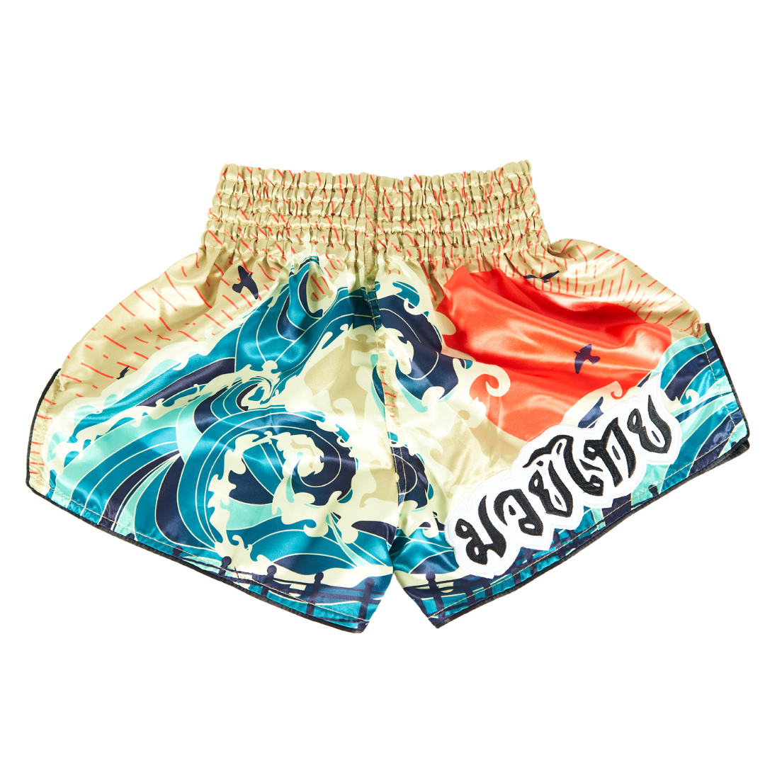 Japanese Sunset and Wave Muay Thai Shorts with embroidered design