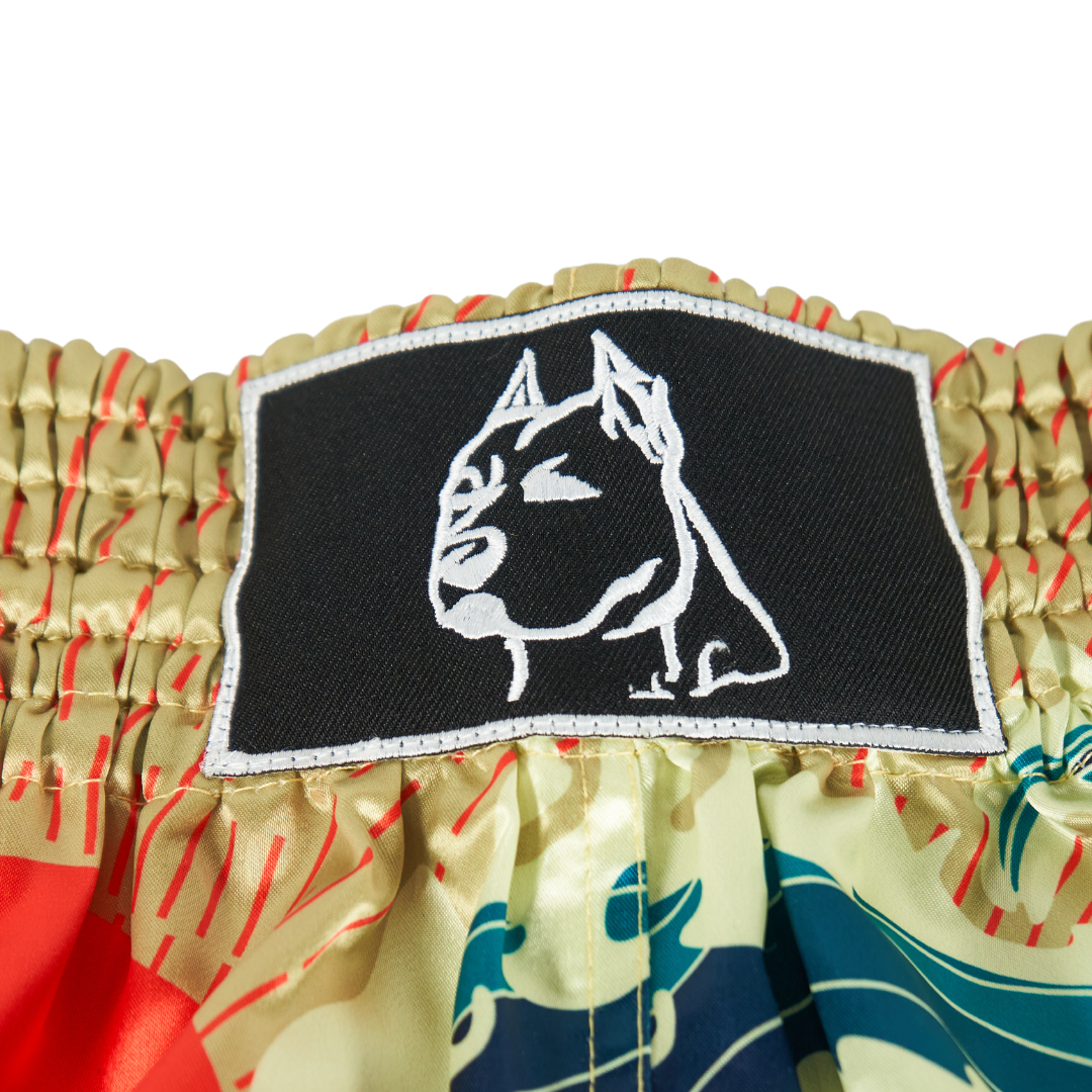 Japanese Sunset and Wave Muay Thai Shorts with embroidered design