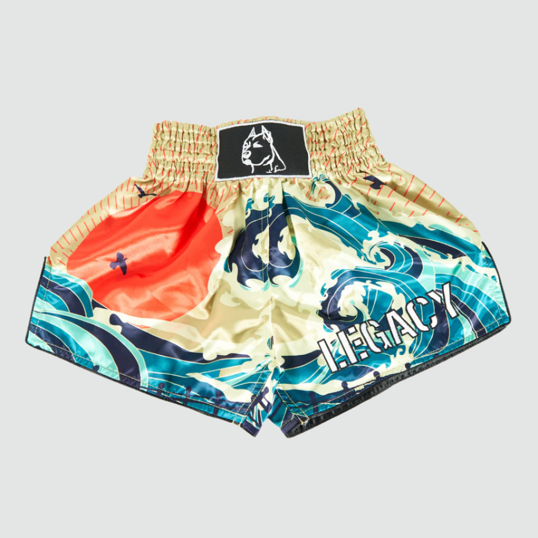 Japanese Sunset and Wave Muay Thai Shorts with embroidered design