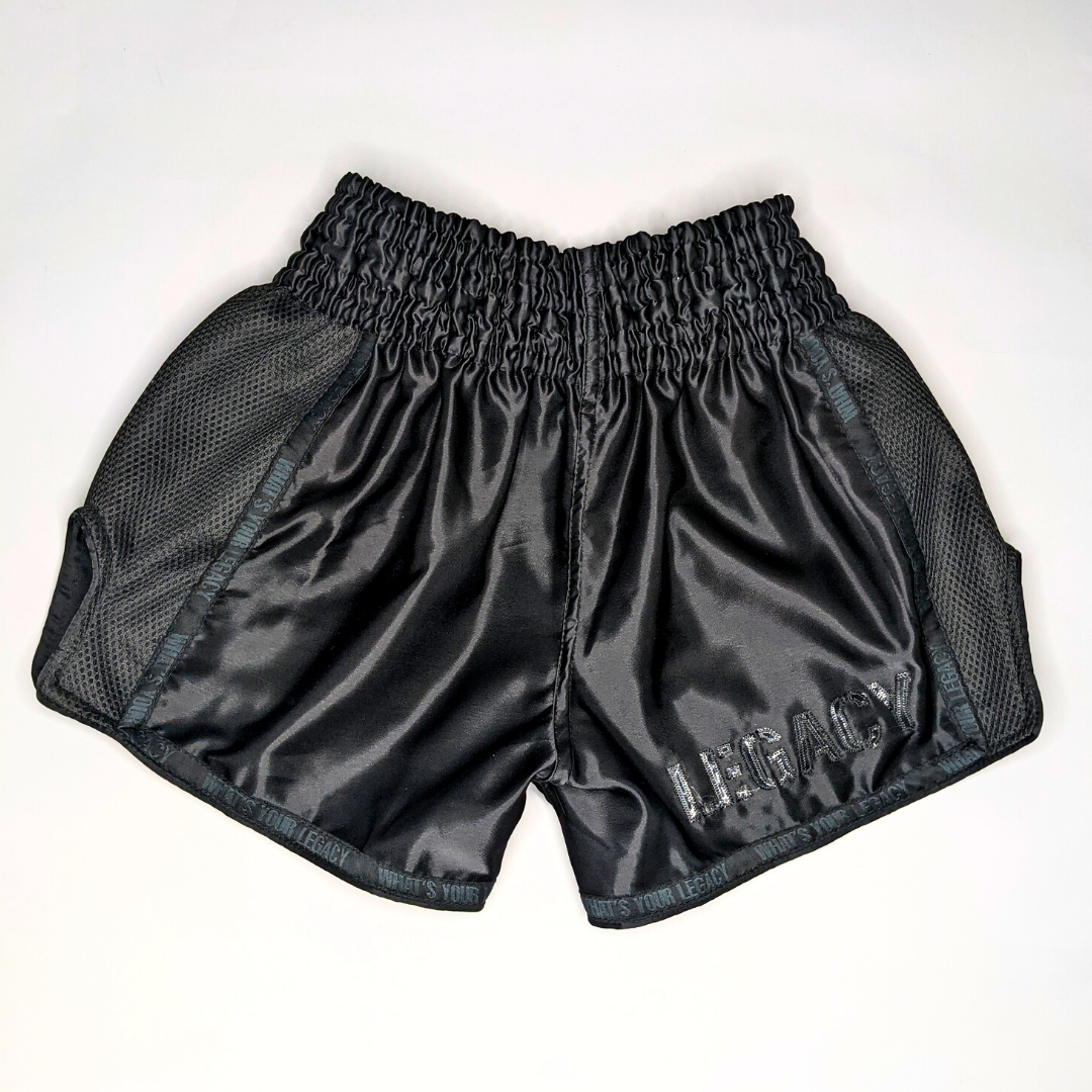 Shadow Frank Muay Thai shorts by Legacy with lightweight satin and embroidered design for Thai boxing
