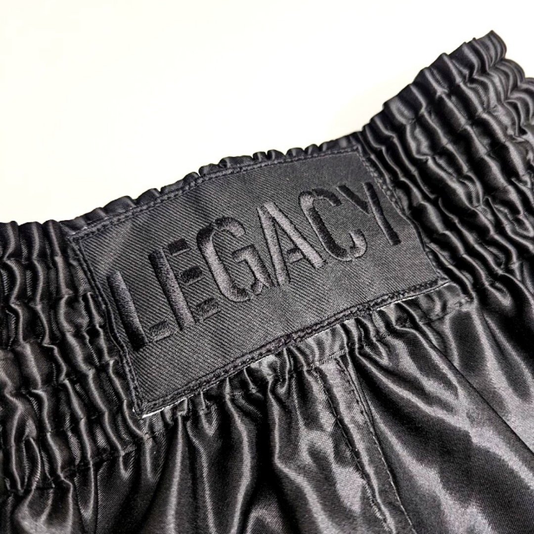 Shadow Frank Muay Thai shorts by Legacy with lightweight satin and embroidered design for Thai boxing