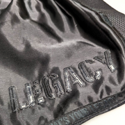 Shadow Frank Muay Thai shorts by Legacy with lightweight satin and embroidered design for Thai boxing
