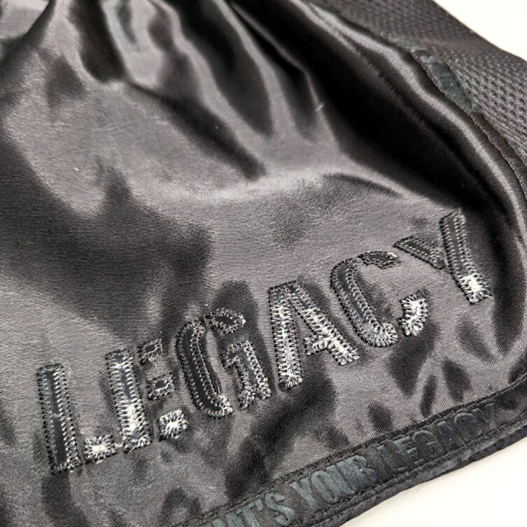 Shadow Frank Muay Thai shorts by Legacy with lightweight satin and embroidered design for Thai boxing