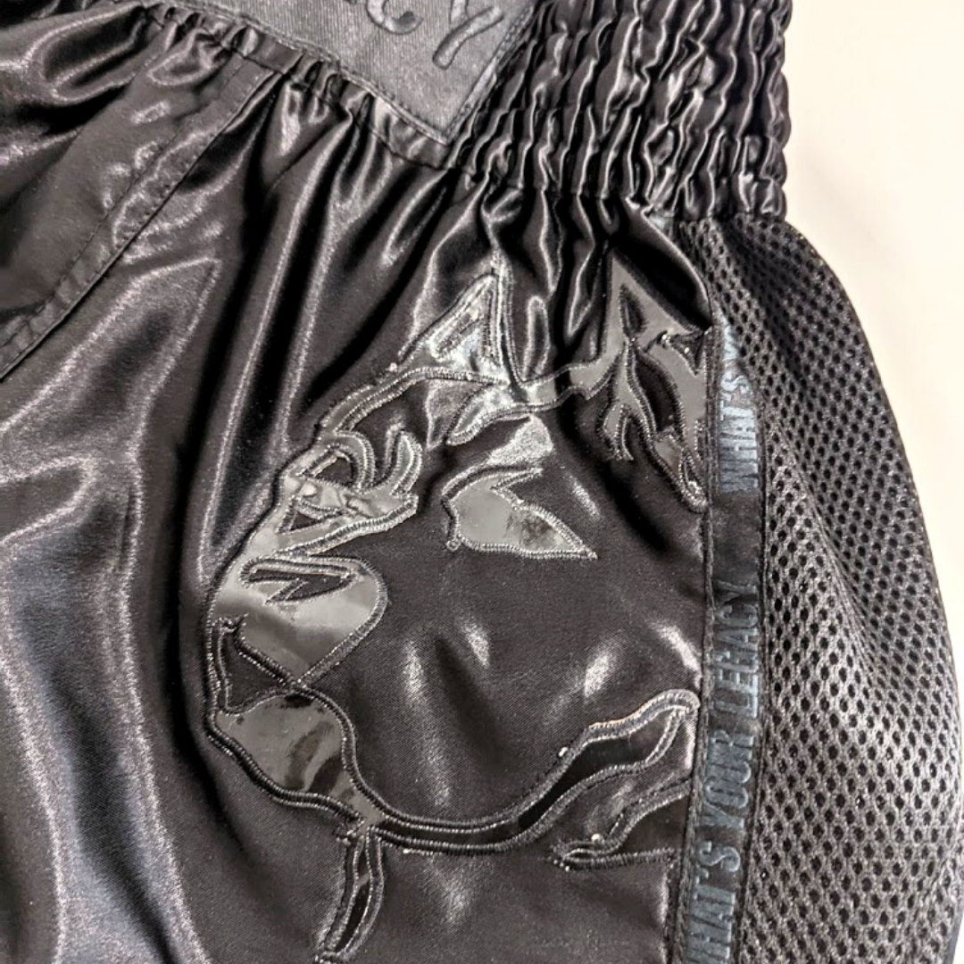 Shadow Frank Muay Thai shorts by Legacy with lightweight satin and embroidered design for Thai boxing