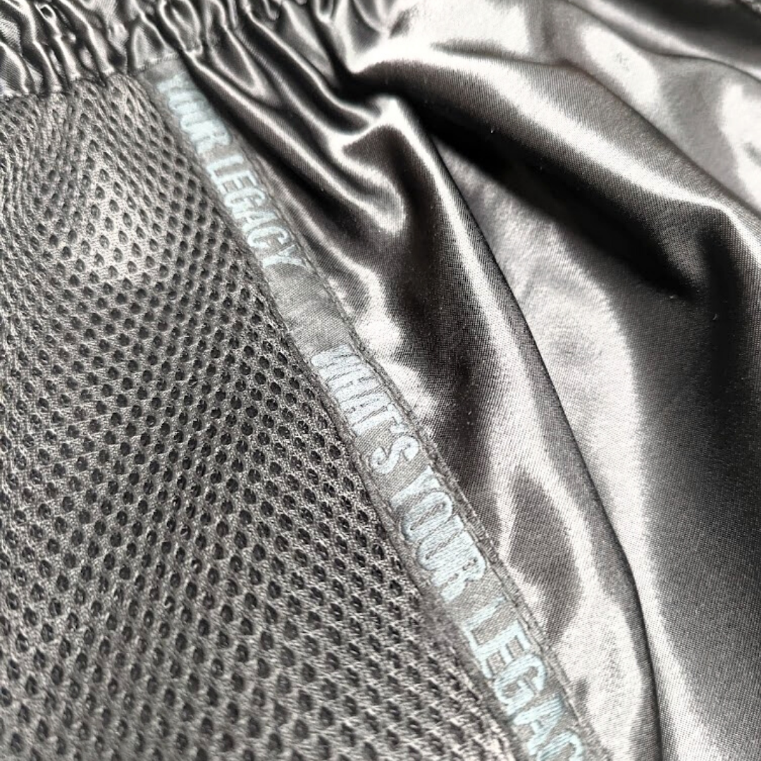 Shadow Frank Muay Thai shorts by Legacy with lightweight satin and embroidered design for Thai boxing