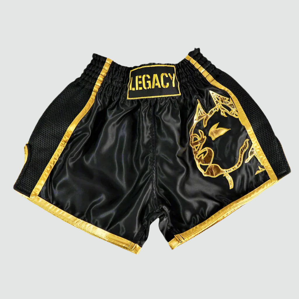 Legacy Golden Era Muay Thai shorts with traditional Thai boxing cut and gold embroidered design