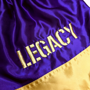 Legacy Twin Tigers Muay Thai shorts with custom embroidery and traditional Thai boxing design