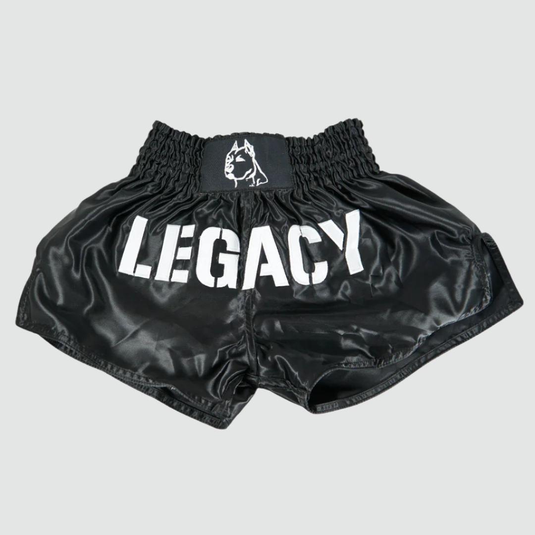 Team Legacy Muay Thai shorts premium satin embroidered fightwear