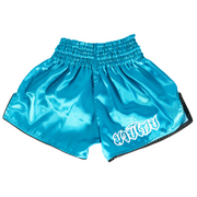 White Dragon Muay Thai shorts with embroidered dragon design and satin finish