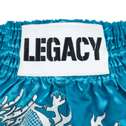 White Dragon Muay Thai shorts with embroidered dragon design and satin finish