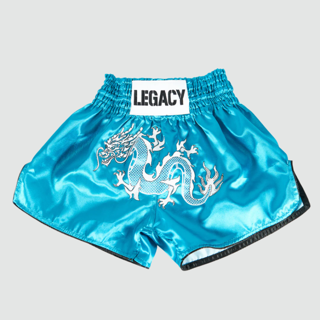 White Dragon Muay Thai shorts with embroidered dragon design and satin finish